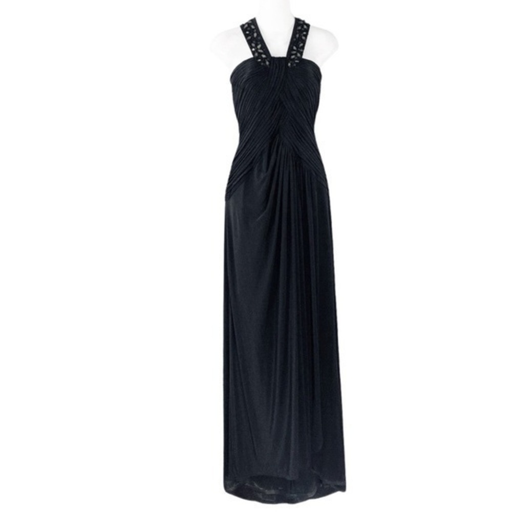 Tadashi Shoji black pleated bodice beaded strap jersey stretch gown XL AC22